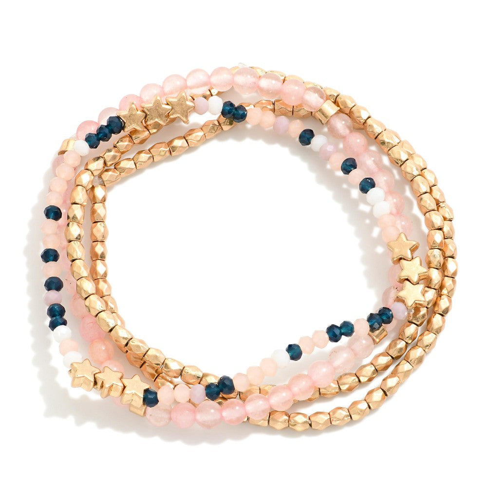 Set of Four Mixed Media Stretch Bracelets Featuring Natural Stone, Faceted Gold Tone, and Starr Beads Judson