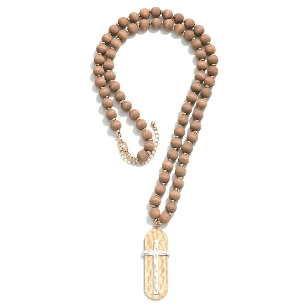 Wood Beaded Necklace With Hammered Cross Pendant Judson