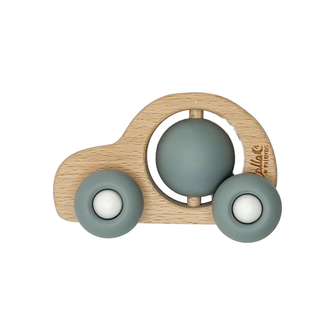 Car Silicone & Beechwood Teether Toy: Powder Blue Calla & Friends