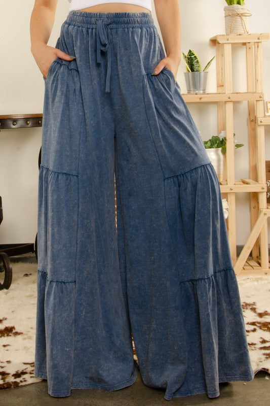 MINERAL WASHED MULIT TIERED SIDE BOHO WIDE LEG Blue Velvet