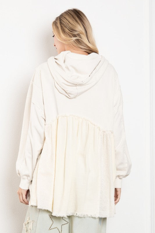 WASHED MULTI FABRIC LAYERED HOODIE TOP The Mustard Seed Collection, The Seed