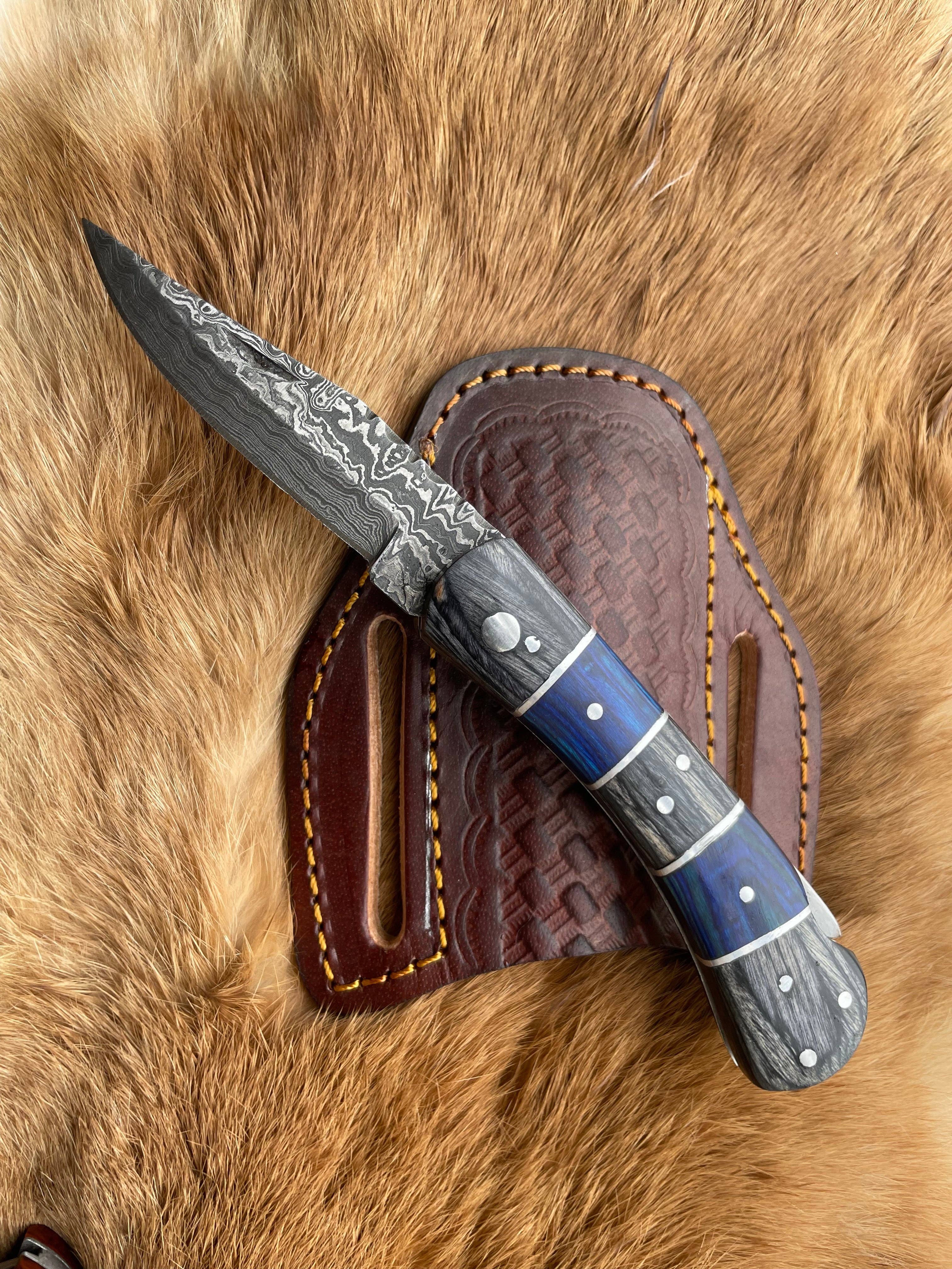 POCKET KNIFE Grey and Blue WOOD 6.5'' DAMASCUS STEEL KNI Titan International