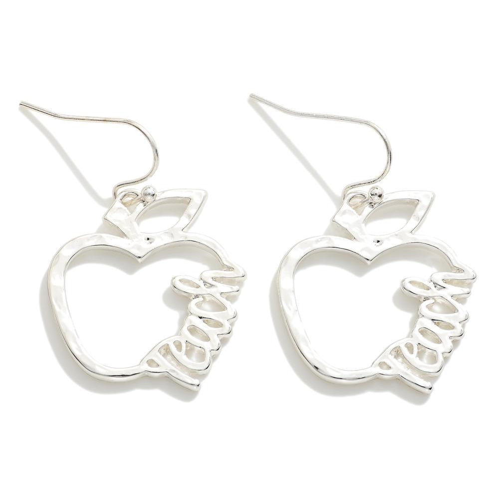 Hammered Metal Apple 'Teach' Drop Earrings Silver Tone Judson