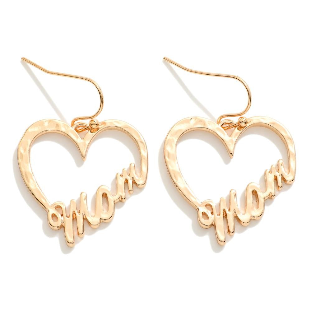 Hammered Metal Heart 'Mom' Drop Earrings Gold Tone Judson