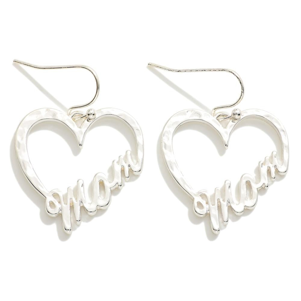 Hammered Metal Heart 'Mom' Drop Earrings Silver Tone Judson