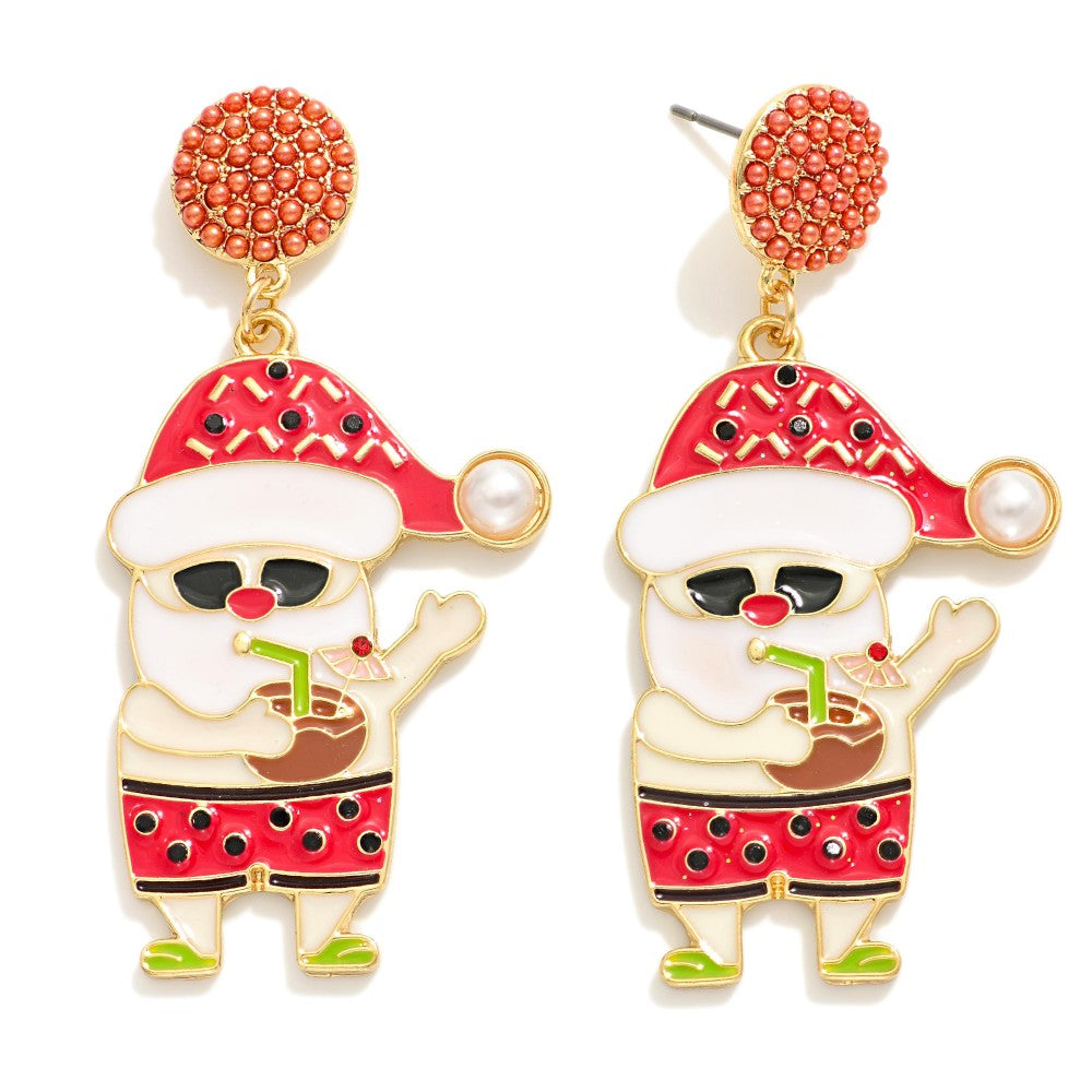 Enamel Tropical Santa Post Drop Earrings Featuring Pave Bead Post Judson