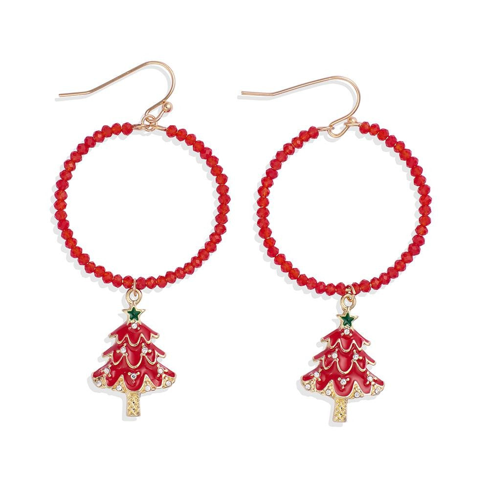 Faceted Beaded Hoop Earrings Featuring Painted Metal Christmas Tree Dangle Detail Judson