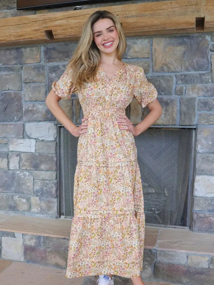 Simply Southern Vintage Floral Maxi Dress Tan Floral The Mustard Seed Collection, The Seed