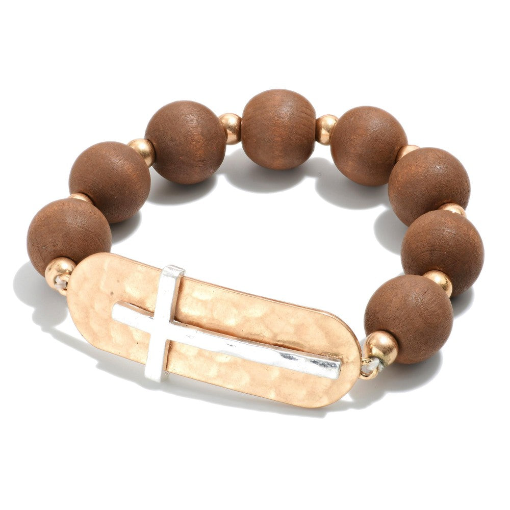 Brown Wood And Gold Tone Beads Featuring Hammered Cross Accent Judson