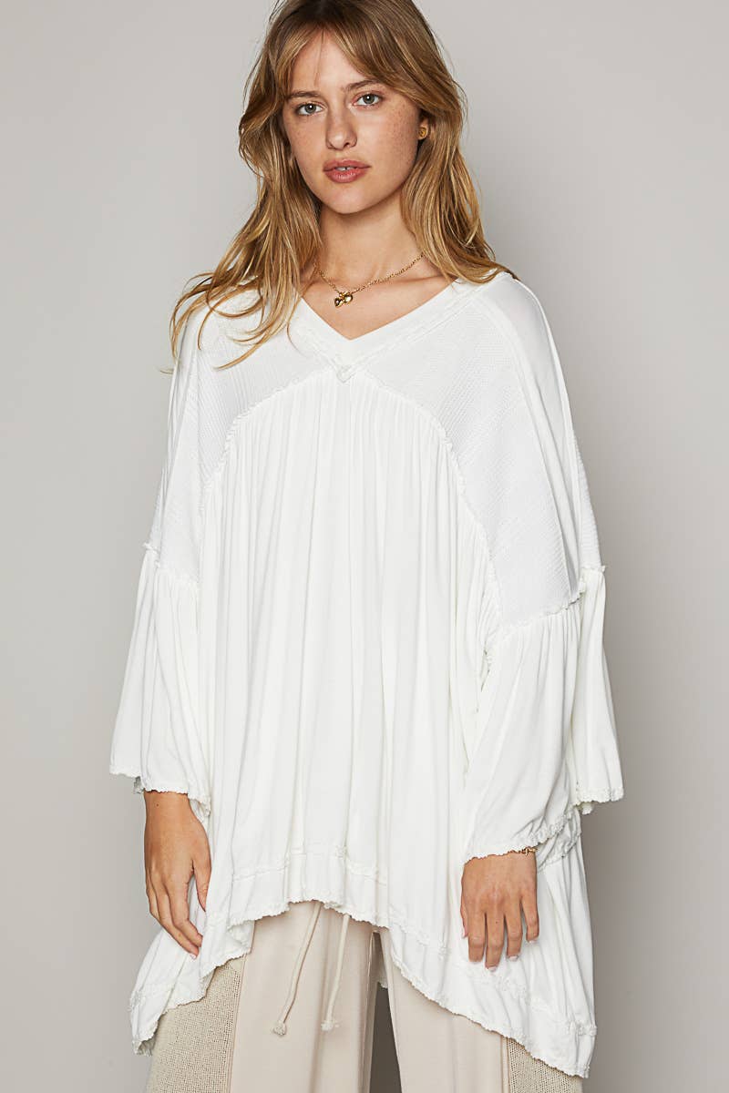 Oversize V-neck quarter sleeve frayed edge knit top SALE: OFF WHITE / S Pol Clothing