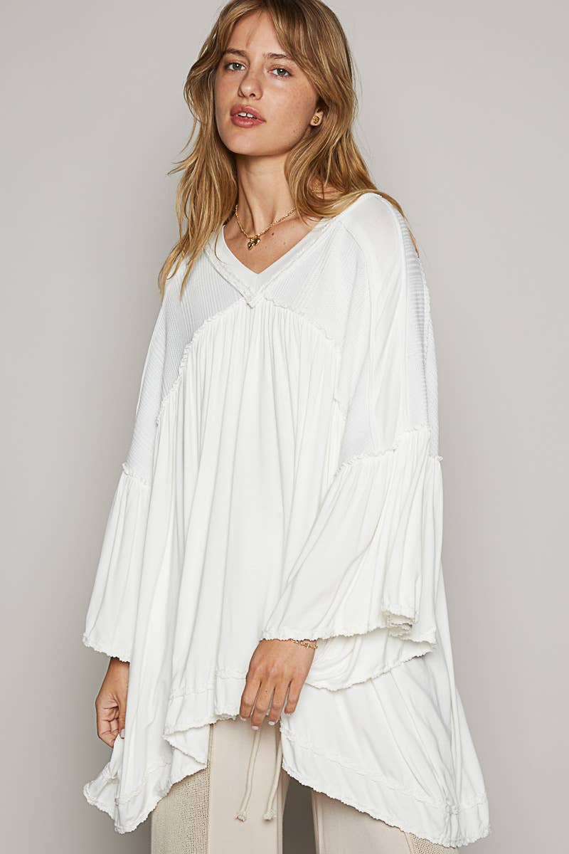 Oversize V-neck quarter sleeve frayed edge knit top SALE: OFF WHITE / S Pol Clothing