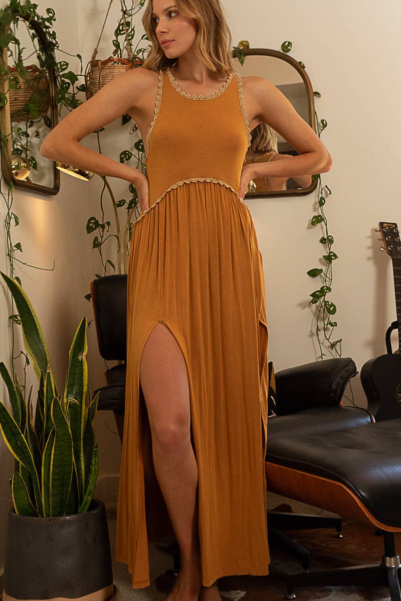 Sleeveless racerback back zipper front slit knit maxi dress: TOFFEE / S Pol Clothing