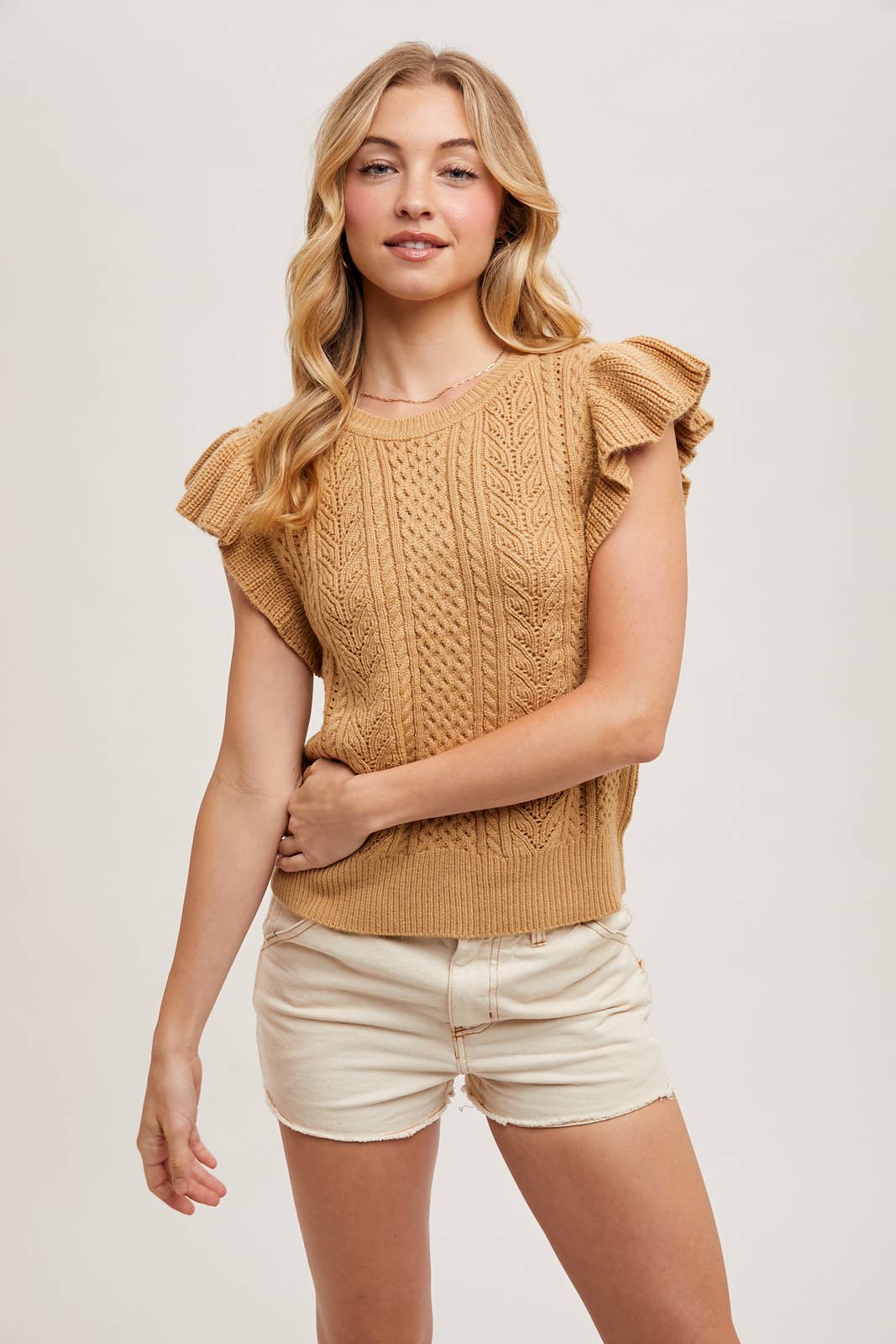 FLUTTER SLEEVED KNIT SWEATER TOP: CAMEL / S Bluivy