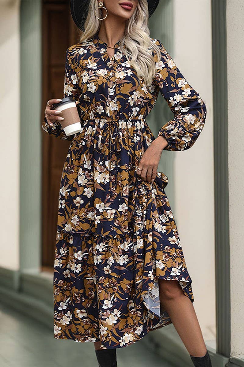 VINTAGE PRINT LONG SLEEVE V NECK DRESS: NAVY / S NINEXIS