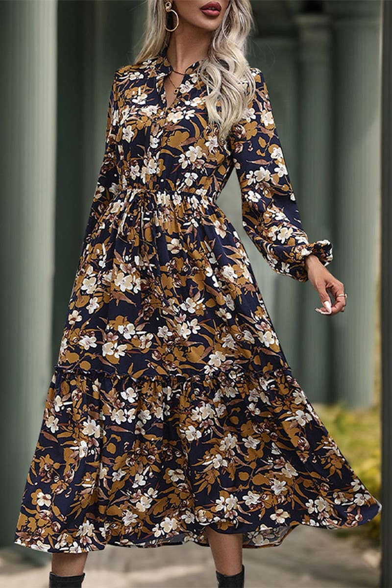 VINTAGE PRINT LONG SLEEVE V NECK DRESS: NAVY / S NINEXIS