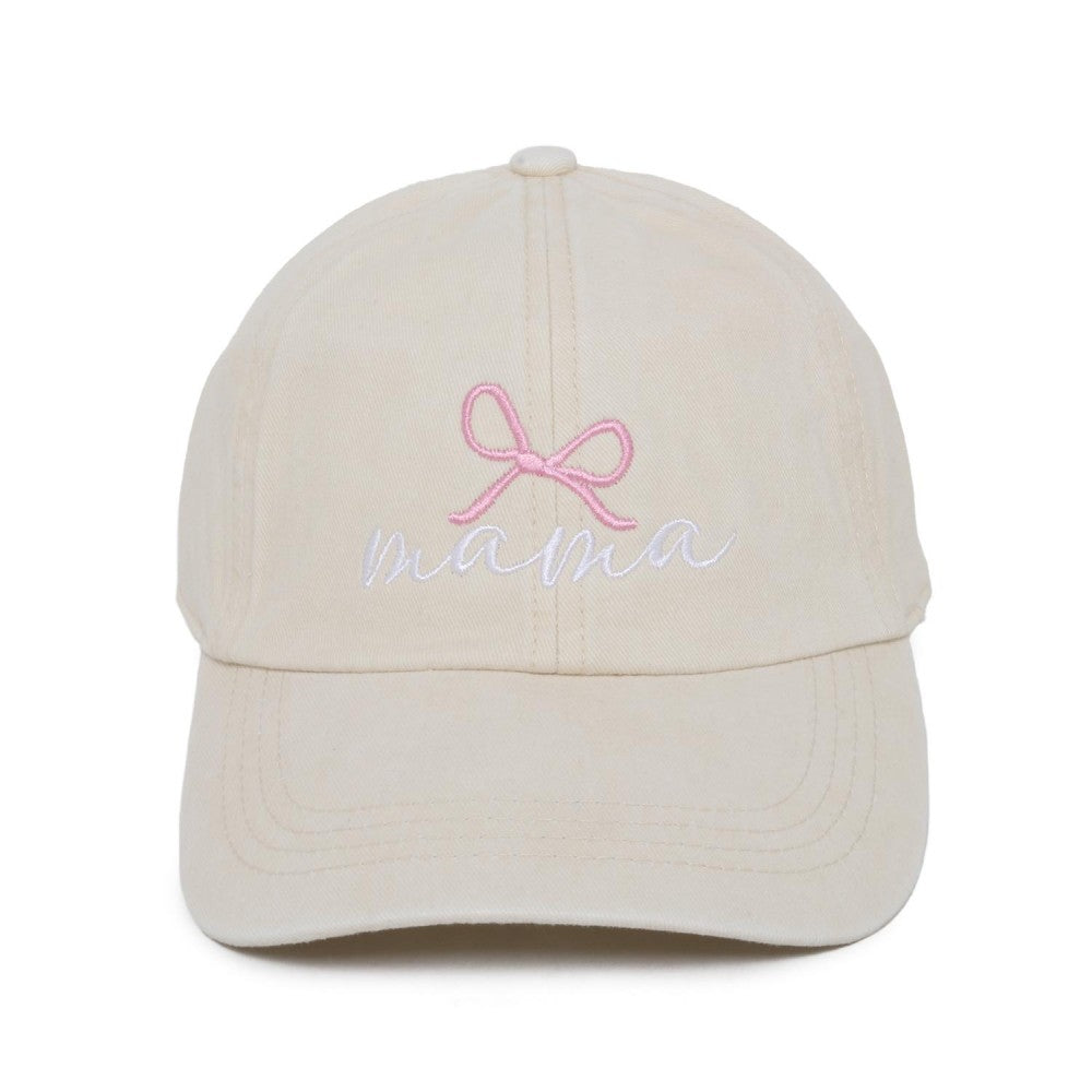 Embroidered 'mama' & Bow Baseball Cap Beige Judson