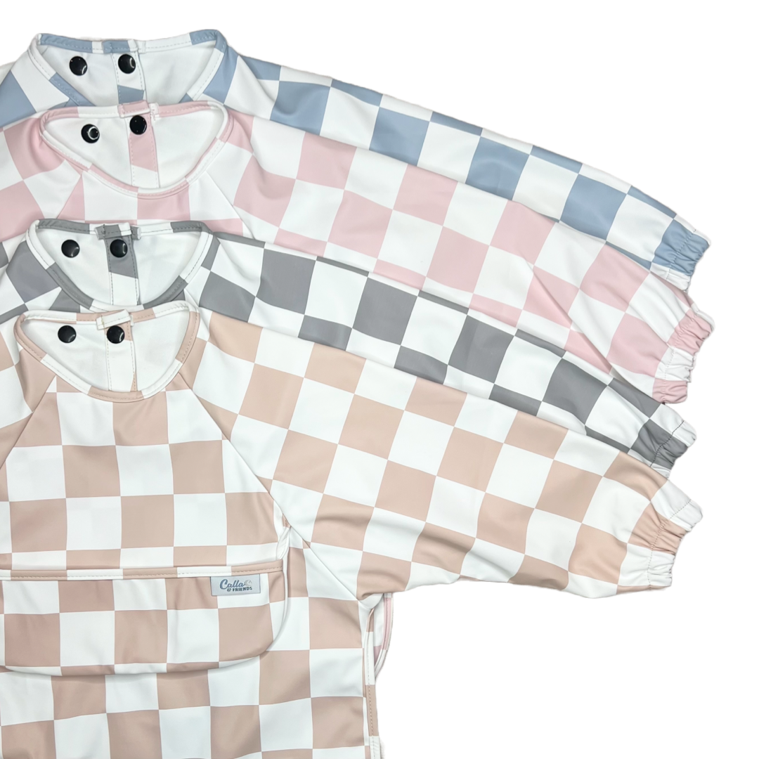 The Grayson Long Sleeve Bib - Checkered: Powder Blue Calla & Friends