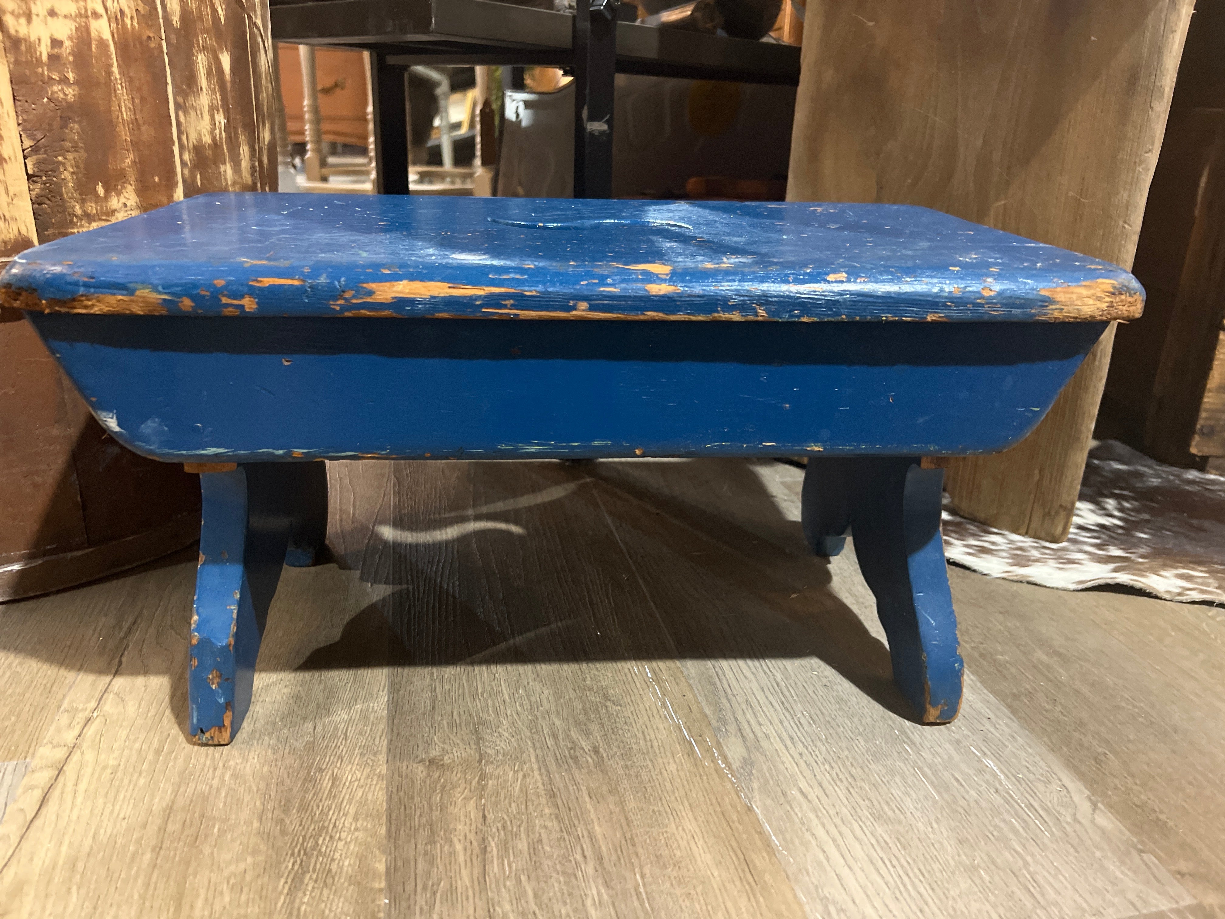 Painted Blue Low Vintage Wooden Stool The Mustard Seed Collection, The Seed