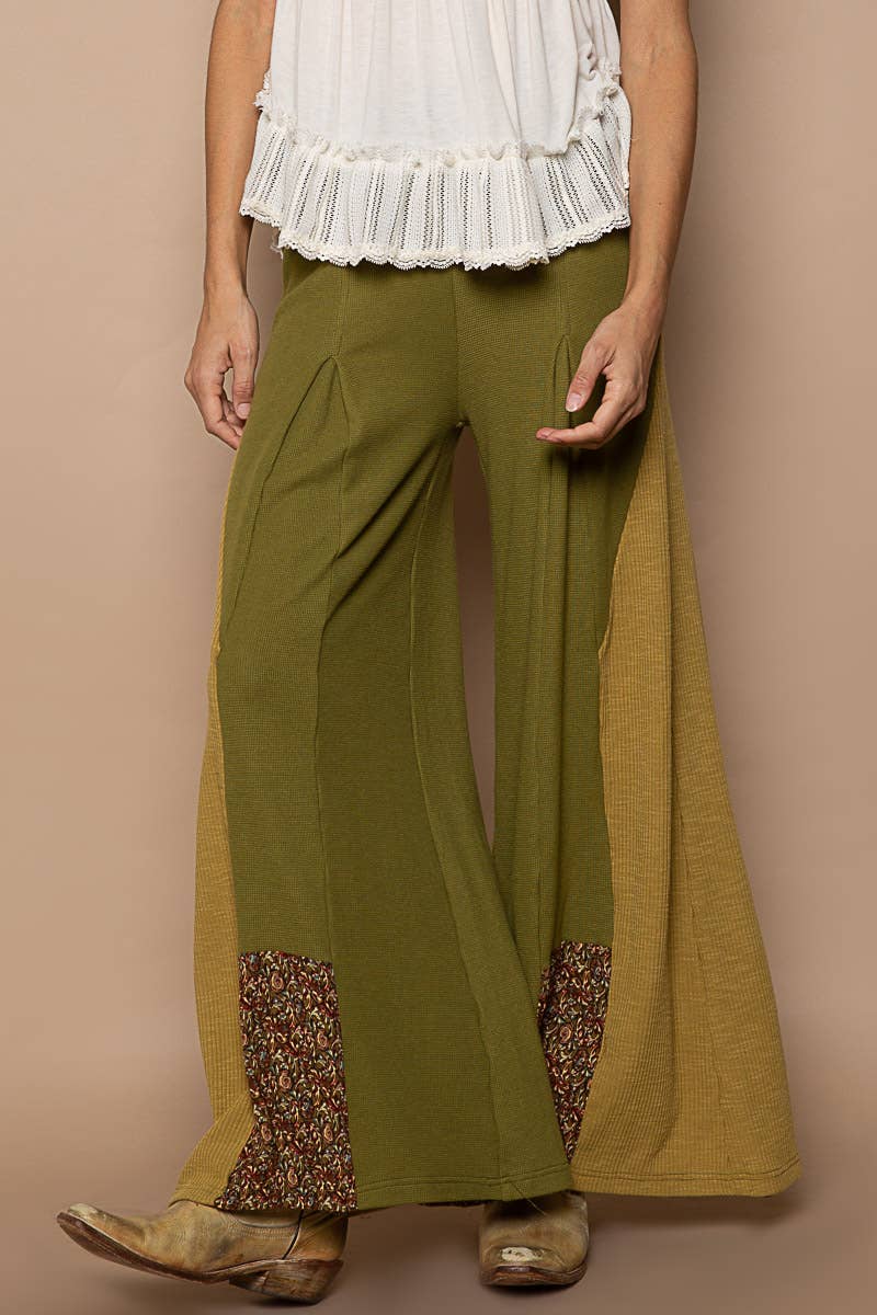 Print detail thermal solid wide pants SALE: OLIVE / S Pol Clothing