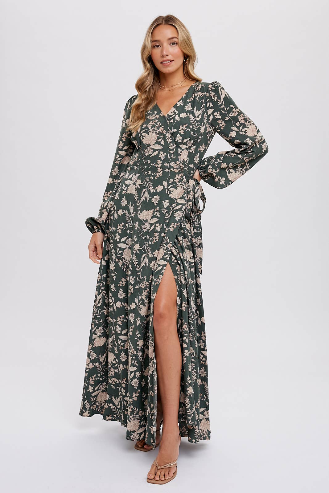 FLORAL PRINT WRAP MAXI DRESS: HUNTER GREEN / L Bluivy