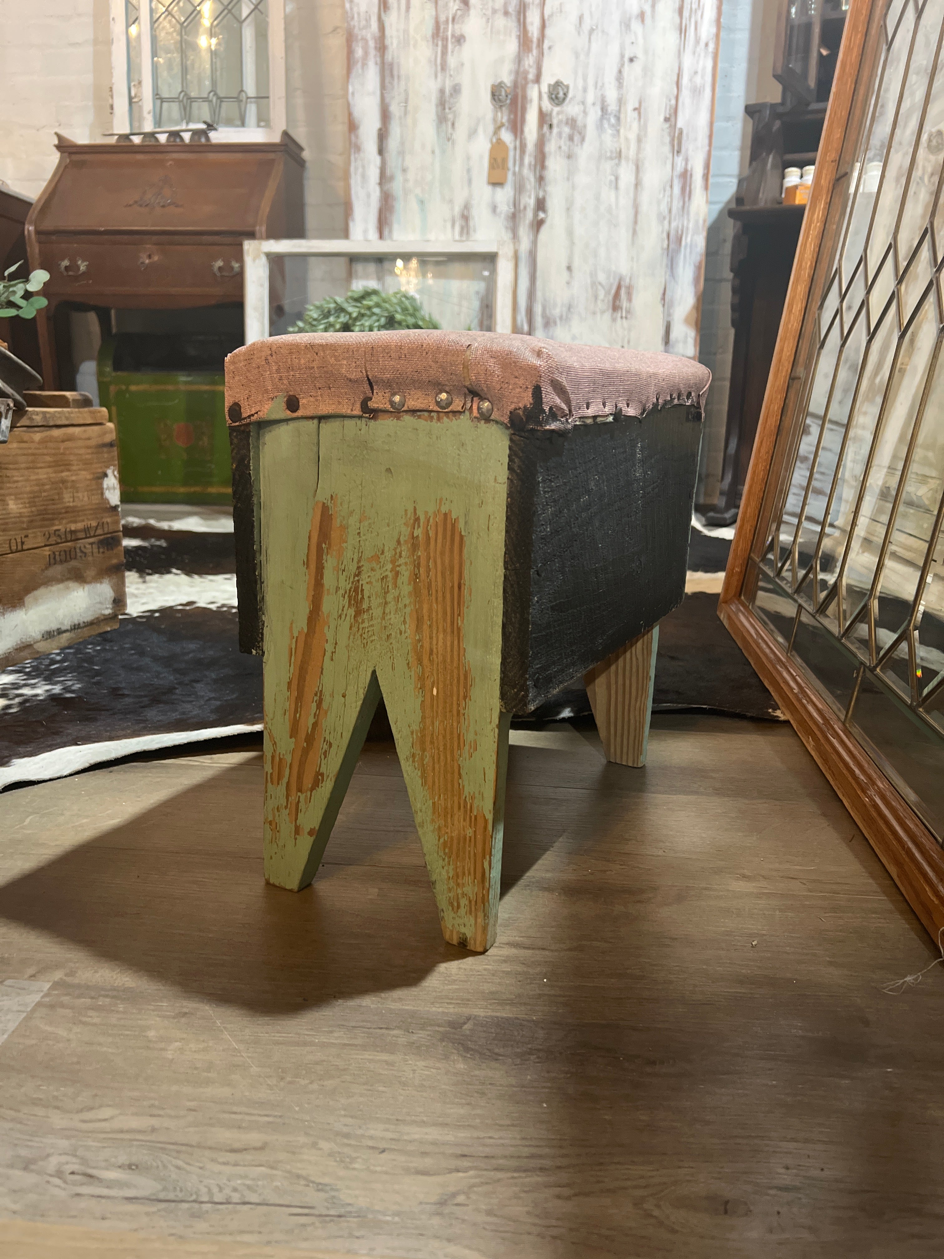 Painted Green Chippy Vintage Wooden Stool The Mustard Seed Collection, The Seed
