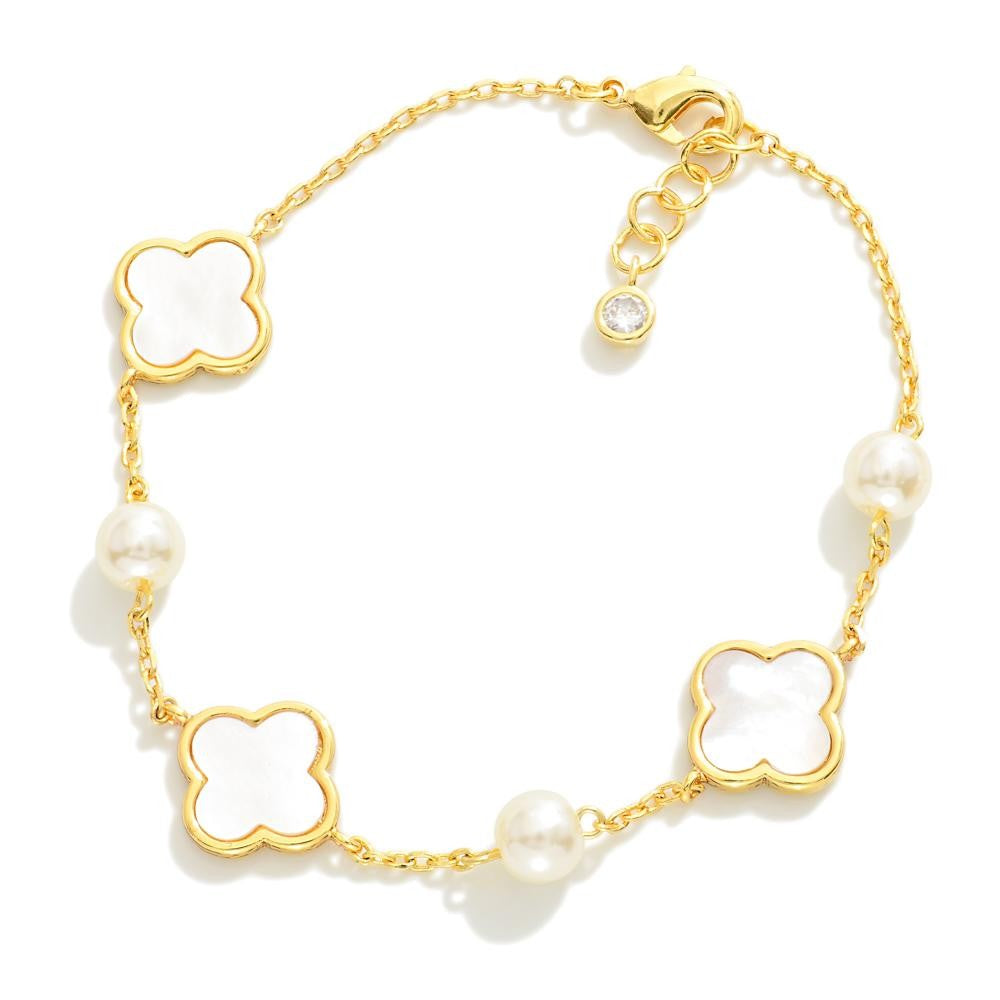 Gold Dipped Chain Link Bracelet Featuring Clover & Pearl Stations Judson