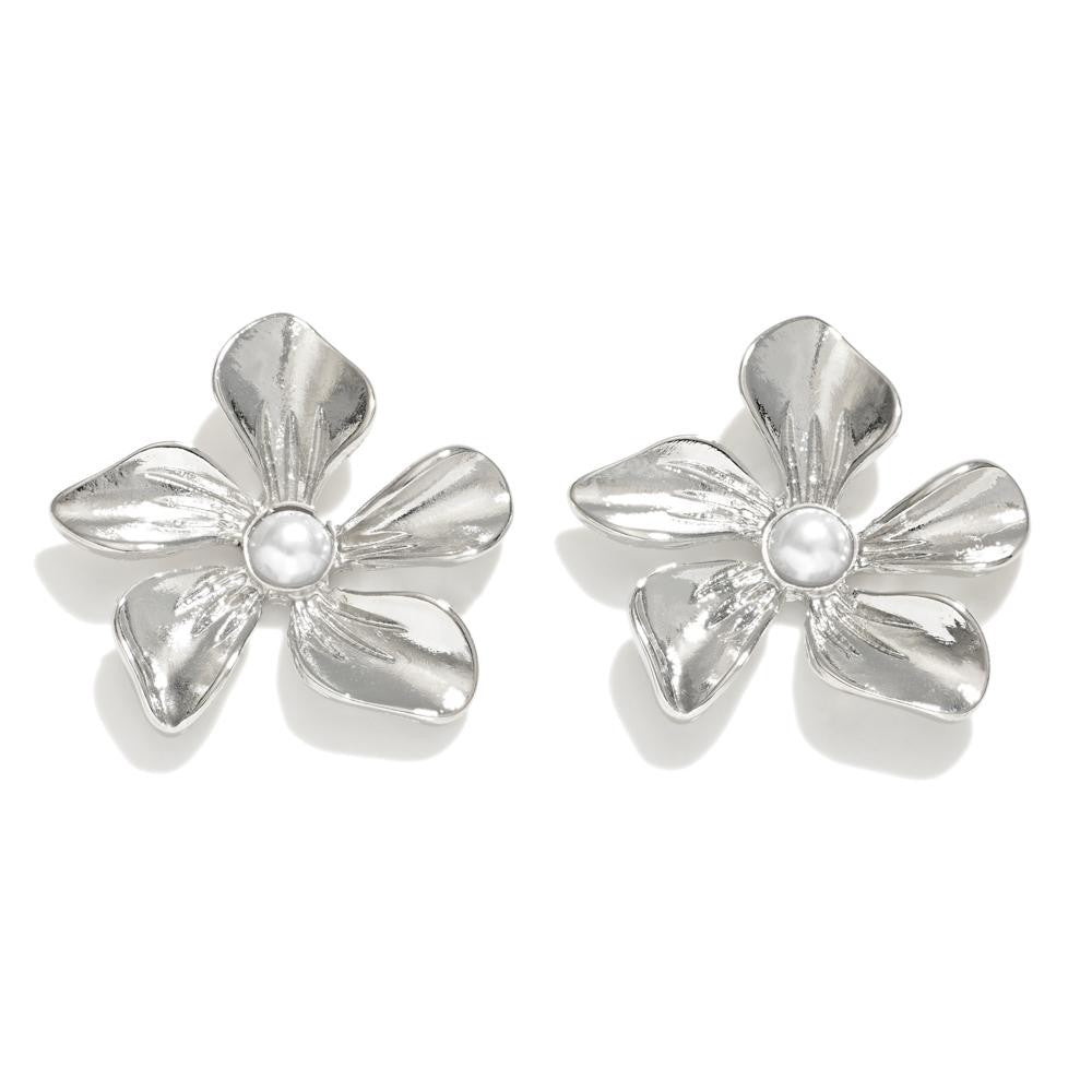 Metal Tone Flower Stud Earrings With Pearl Detail Silver Judson