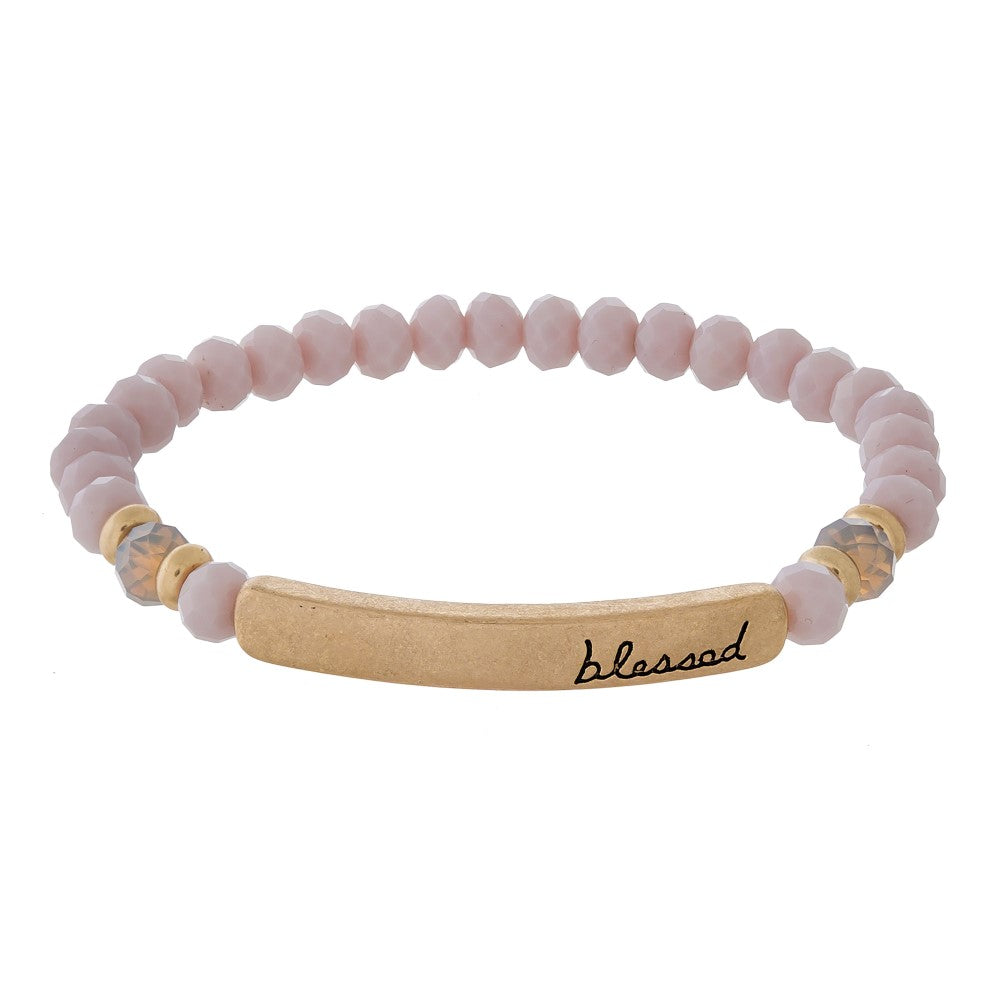 Beaded stretch bracelet with a bar focal, stamped with "blessed" Lavender Judson