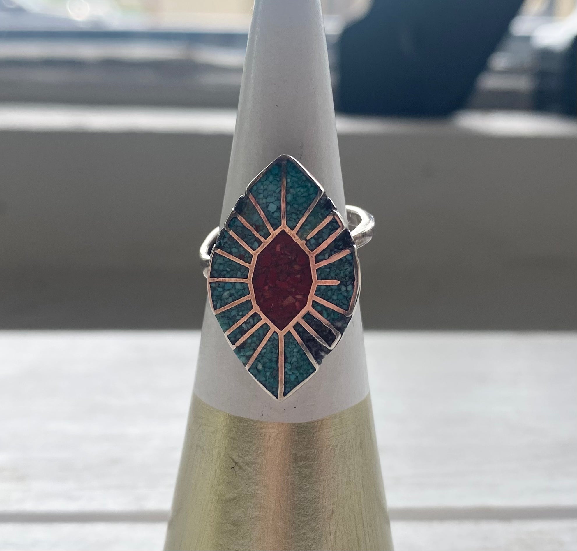 Vintage Sterling Crushed Turquoise and Coral Navajo Style Ring The Mustard Seed Collection, The Seed