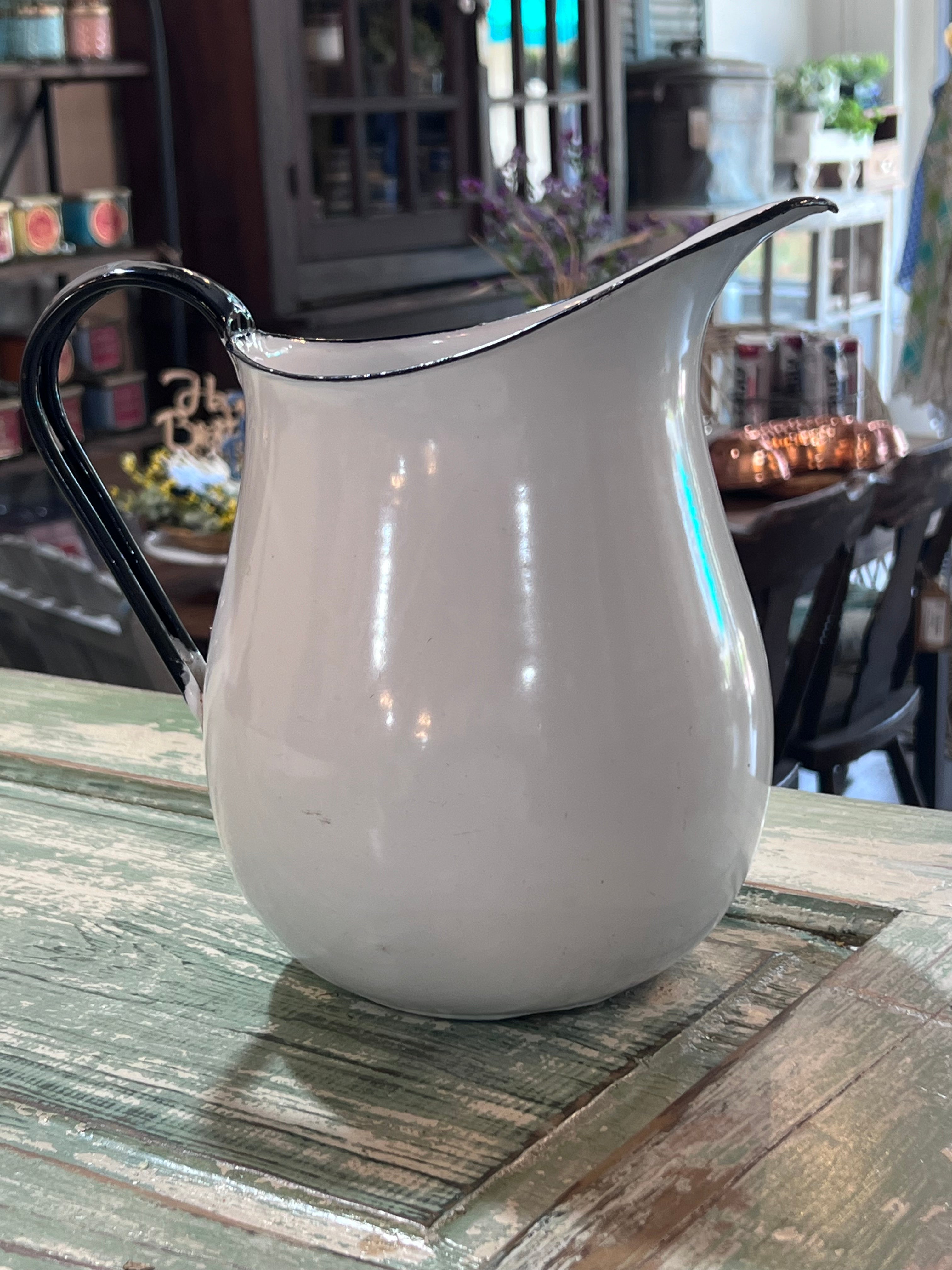 Vintage White with Black rim and handle Water Pitcher The Mustard Seed Collection, The Seed