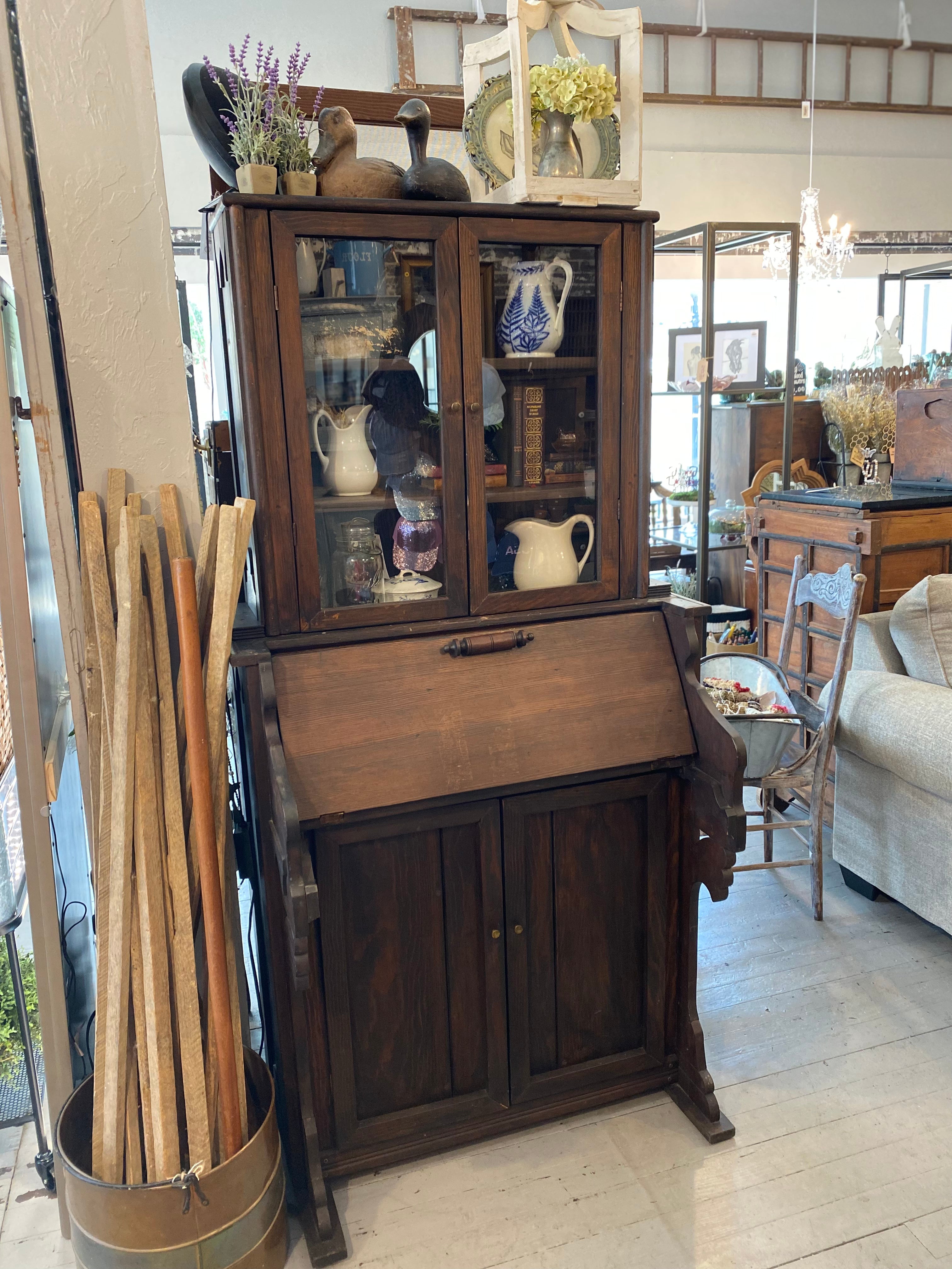 Handmade Vintage Pine Dark Stained Gothic Secretary The Mustard Seed Collection, The Seed