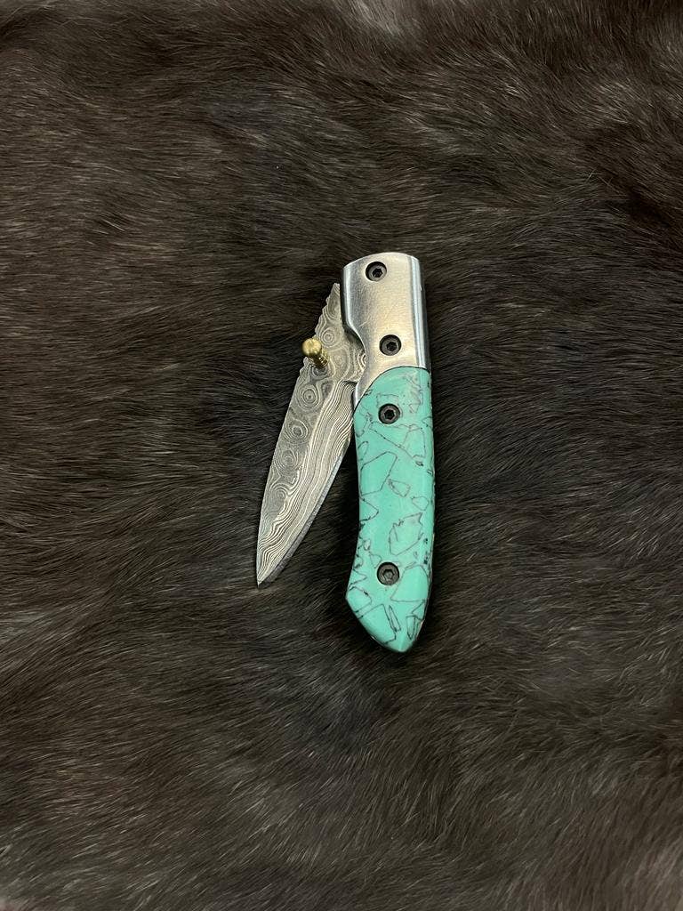 AzureGlide Damascus Steel Turquoise (Resin) Pocket Knife Titan International