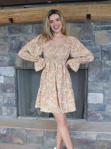 Simply Southern Vintage Floral BabyDoll Dress Tan Floral The Mustard Seed Collection, The Seed