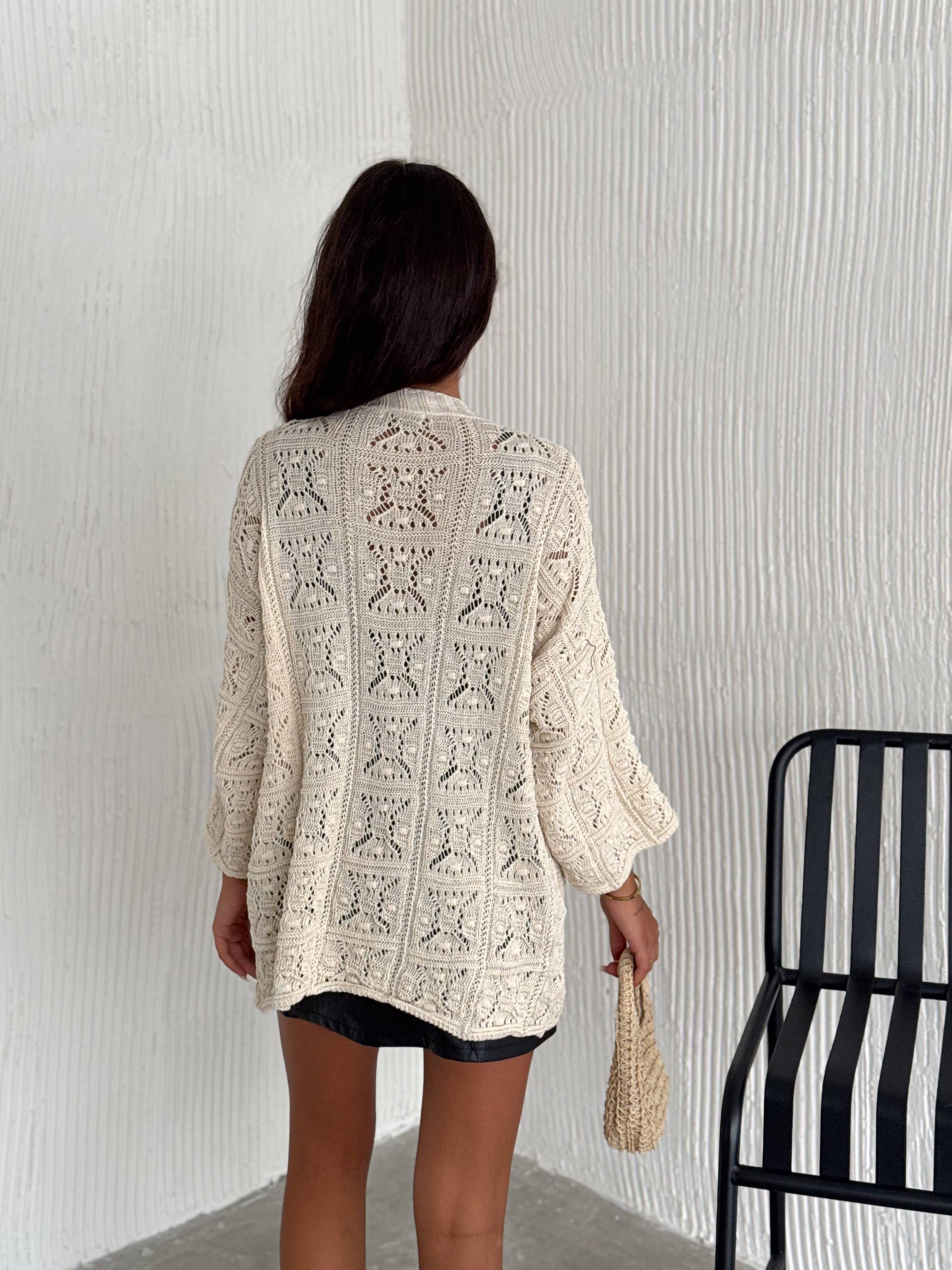 Women's Knit Cardigan Mid-Length Textured Cotton Hallow Knit: Beige / One Size VAV NEW YORK