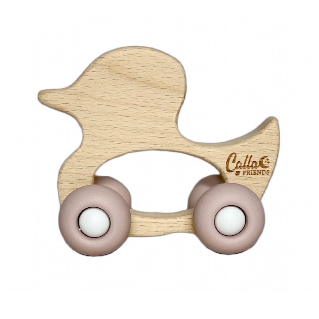 Duck Silicone & Beechwood Teether Toy: Petal Pink Calla & Friends