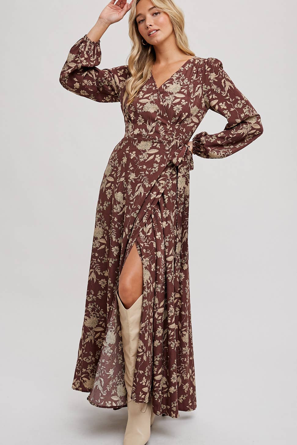 FLORAL PRINT WRAP MAXI DRESS: HUNTER GREEN / M Bluivy