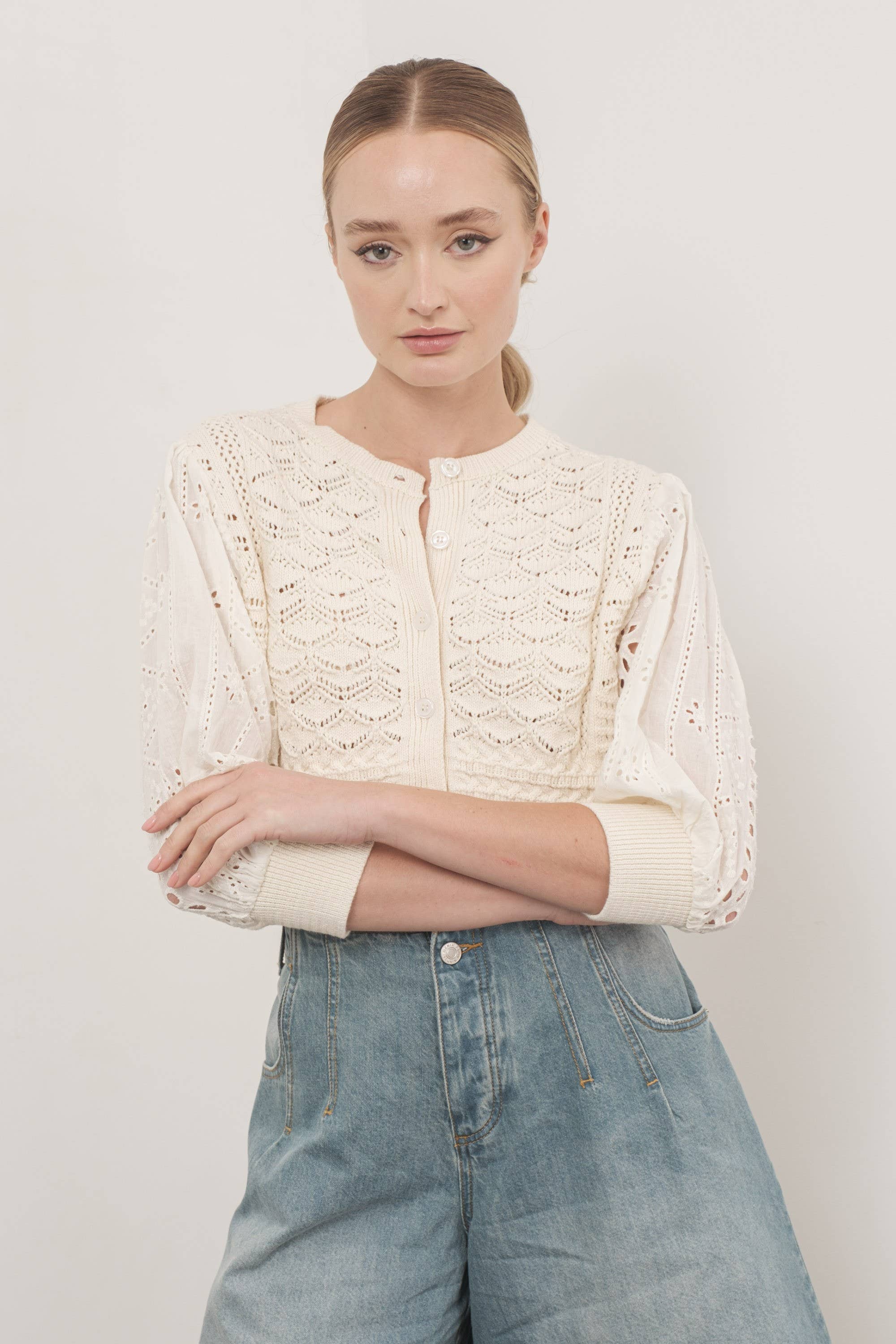 MAS2722 HENDRY 3/4 SLEEVES SEE THROUGH CARDIGAN: Cream / Contemporary / S Aaron & Amber