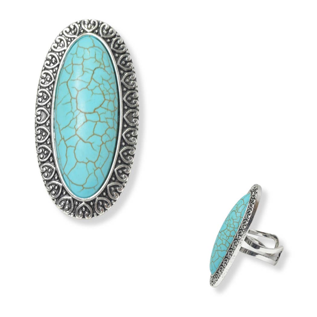 Western Oval turquoise stone cuff ring: Silver Burnished / ONE SIZE SOPHIA WHOLESALE