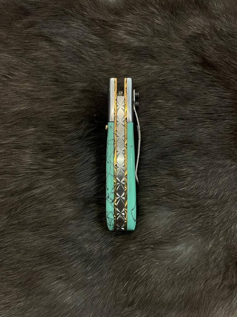 AzureGlide Damascus Steel Turquoise (Resin) Pocket Knife Titan International