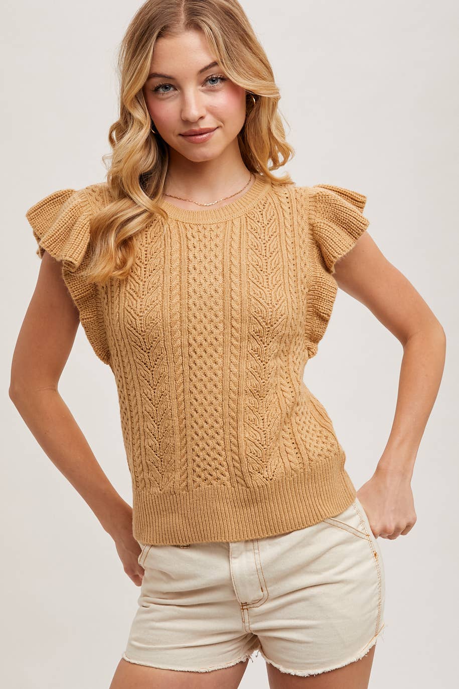 FLUTTER SLEEVED KNIT SWEATER TOP: CAMEL / L Bluivy