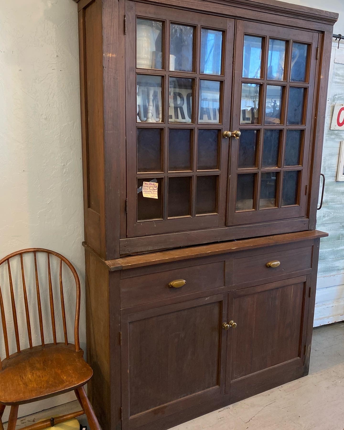 Amazing Antique Pine Cupboard with gold Cup handles and 2 door /drawers The Mustard Seed Collection