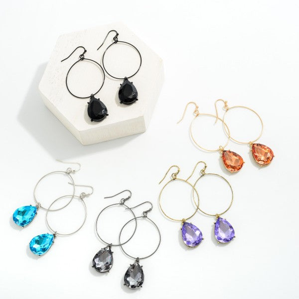 Wire Loop Drop Earrings Featuring Linked Pear Cut Rhinestone Charms Judson