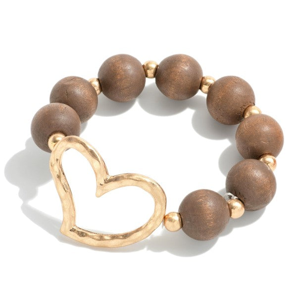 Wood Beaded Stretch Bracelet With Hammered Heart Charm Judson