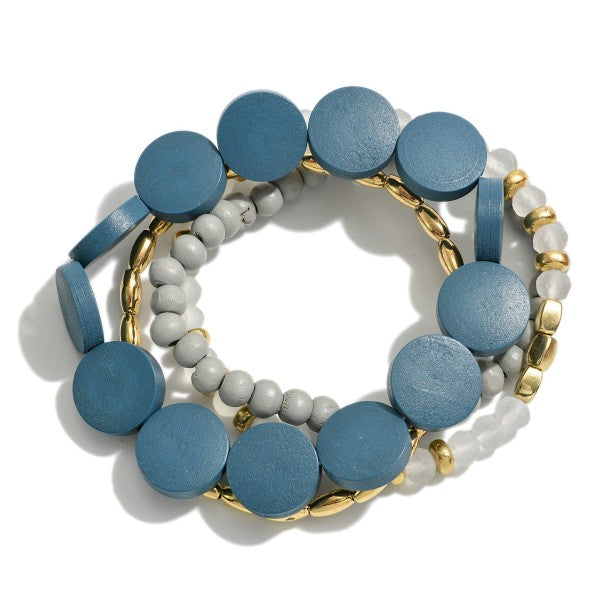 Set of Four Beaded Stretch Bracelet Featuring Flat Wood, Faceted & Gold Beads Judson