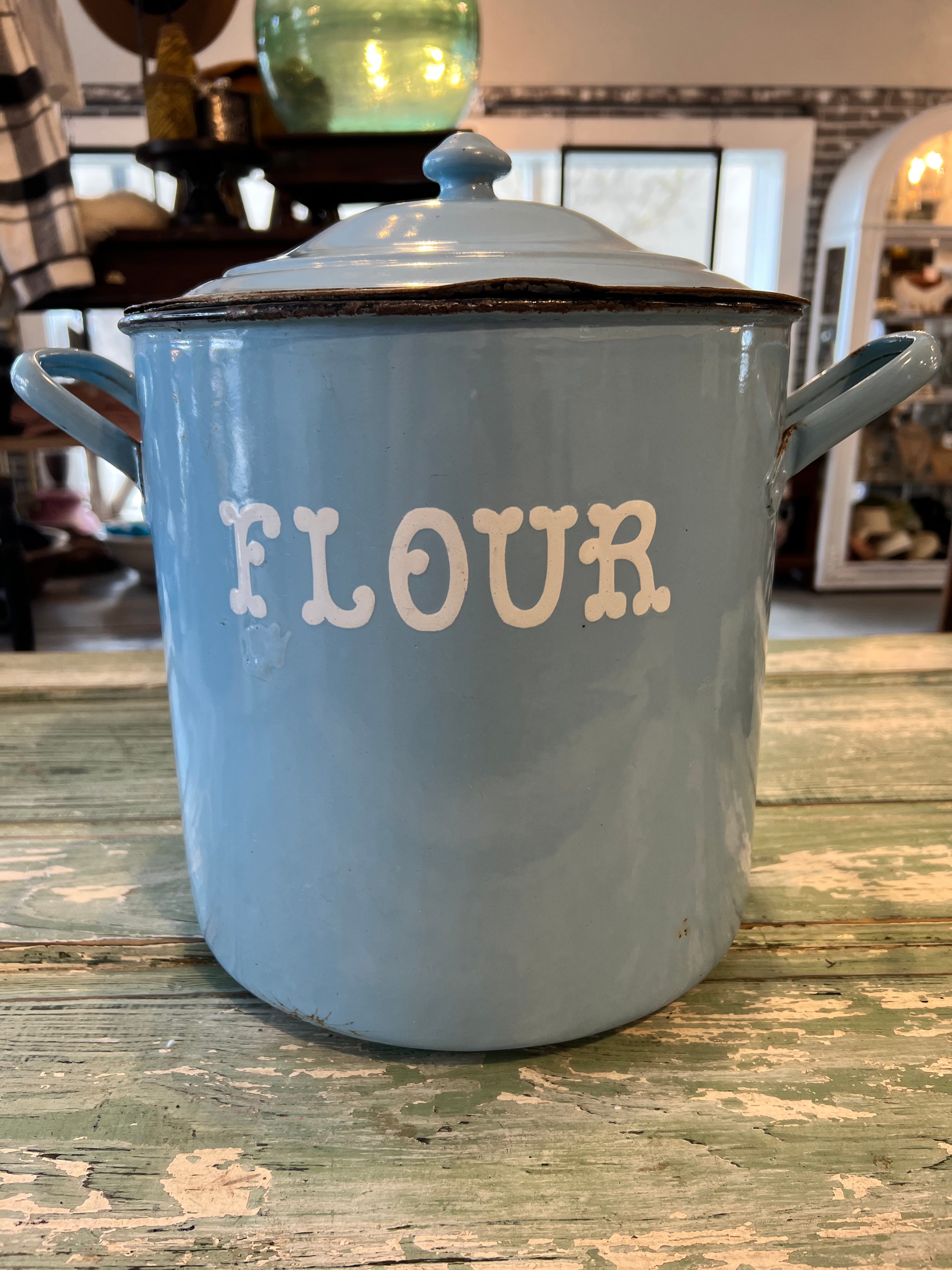 Vintage Blue Enamel Flour Bin with Lid The Mustard Seed Collection